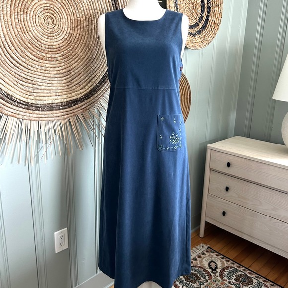 Vintage Faux Blue Suede Dress Embroidered Pocket Sleeveless Midi - Picture 1 of 12